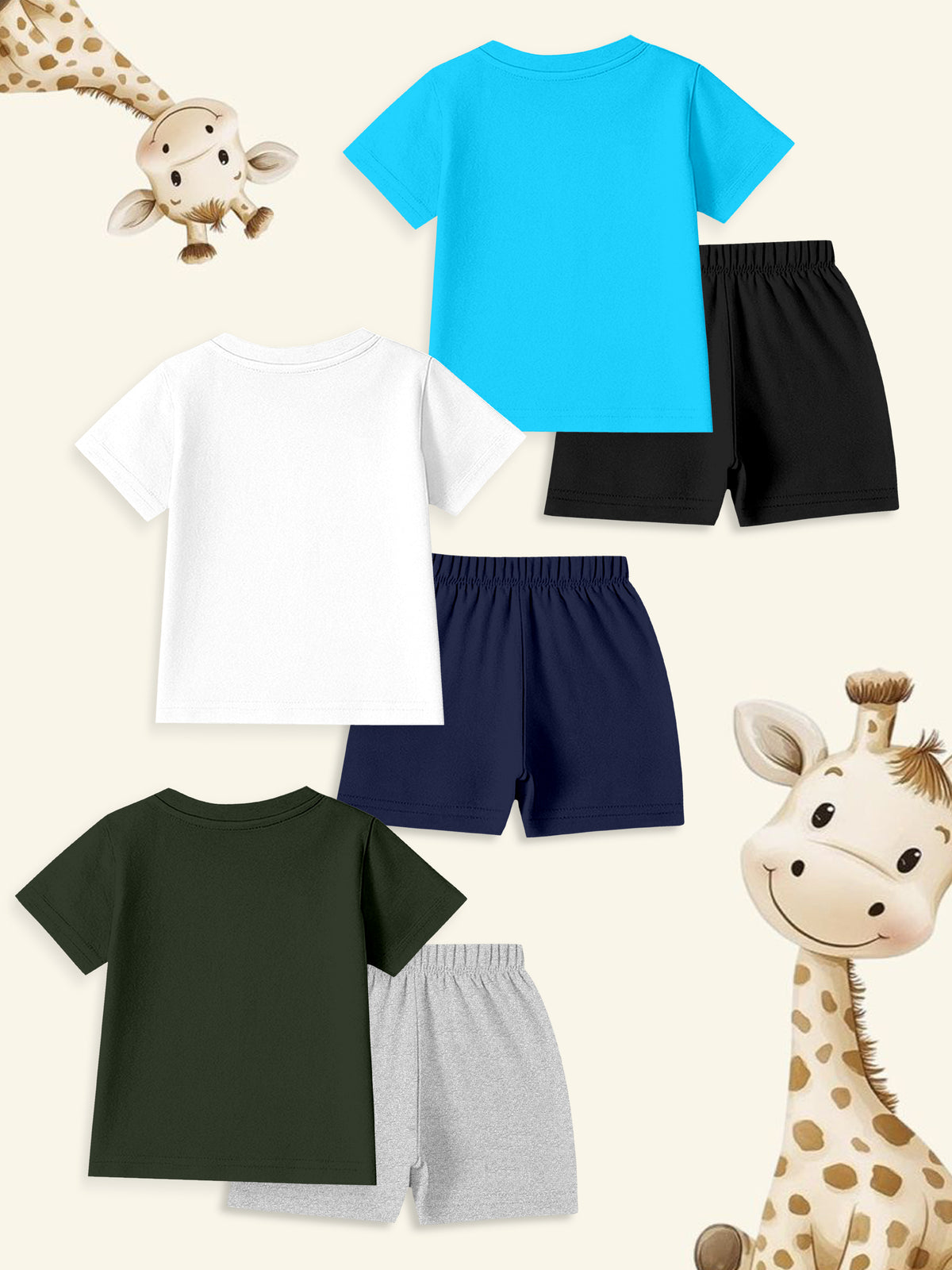 Kids' t-shirt and shorts sets in blue, white, and green with cartoon giraffes in background