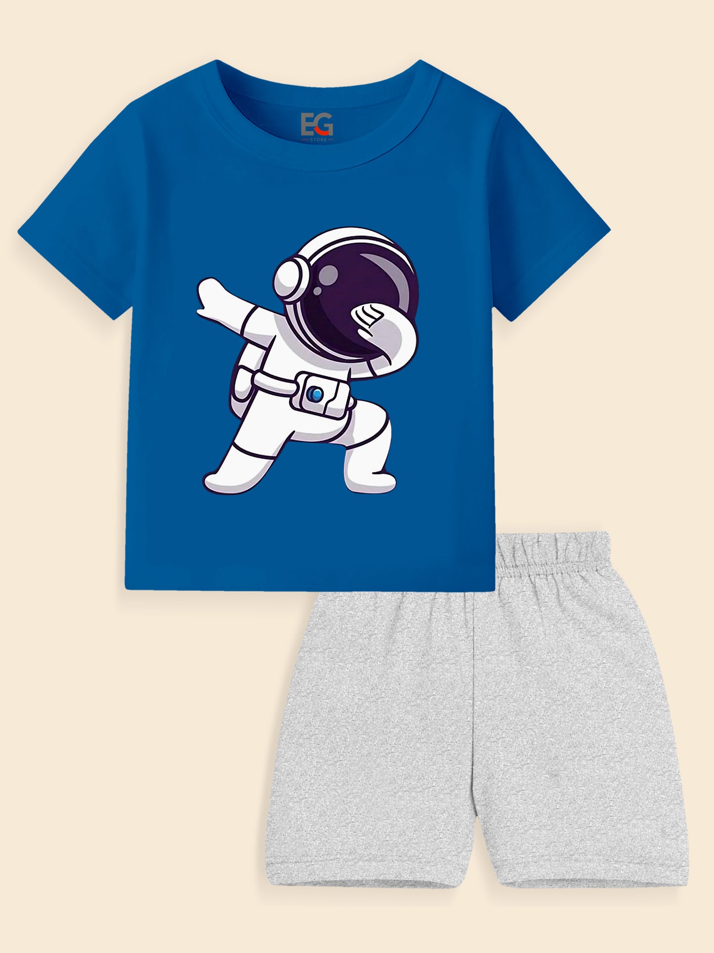Kids blue astronaut graphic T-shirt with matching light gray shorts set