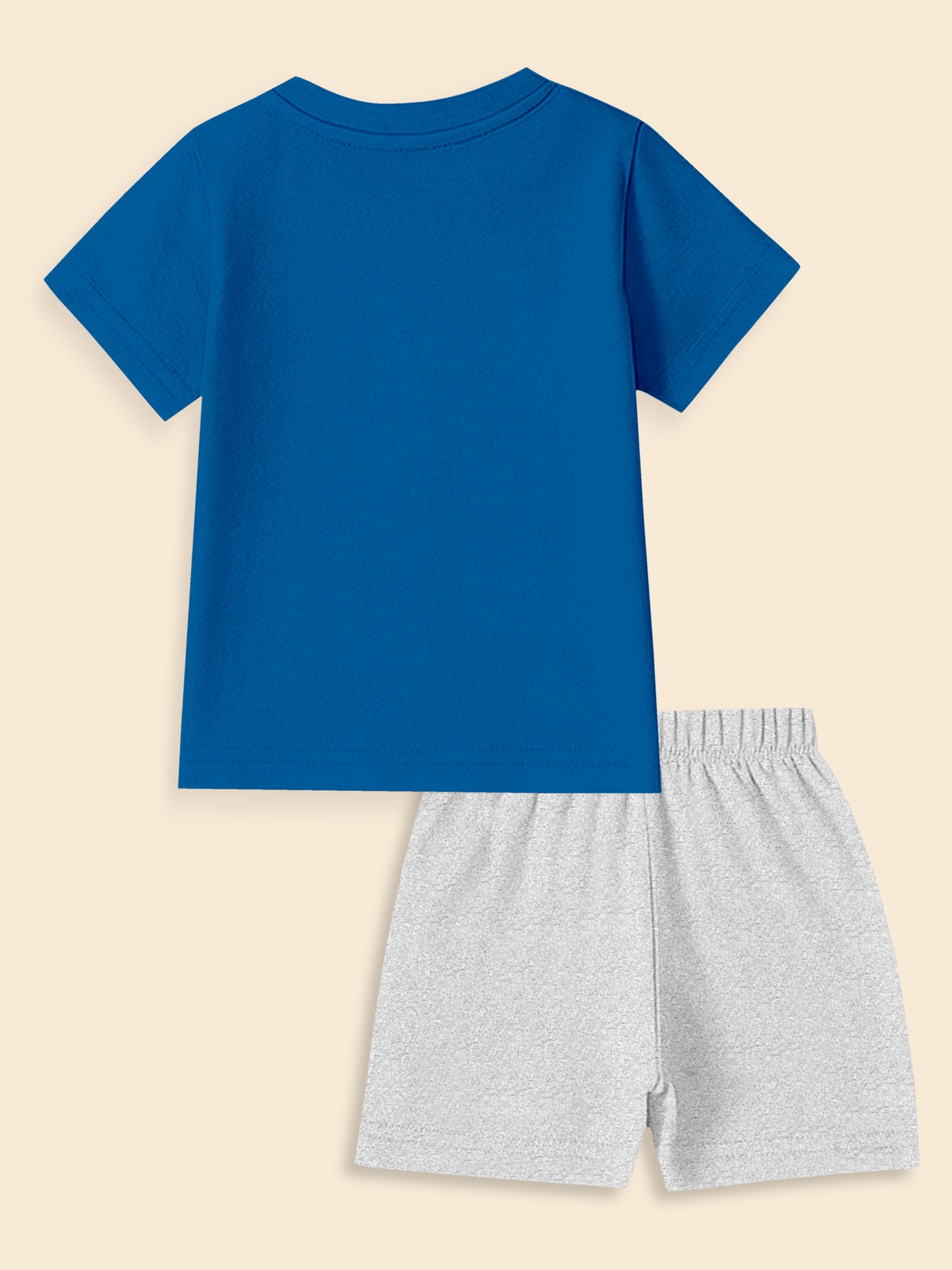 Kids' blue short sleeve t-shirt and light gray shorts set, back view, on beige background
