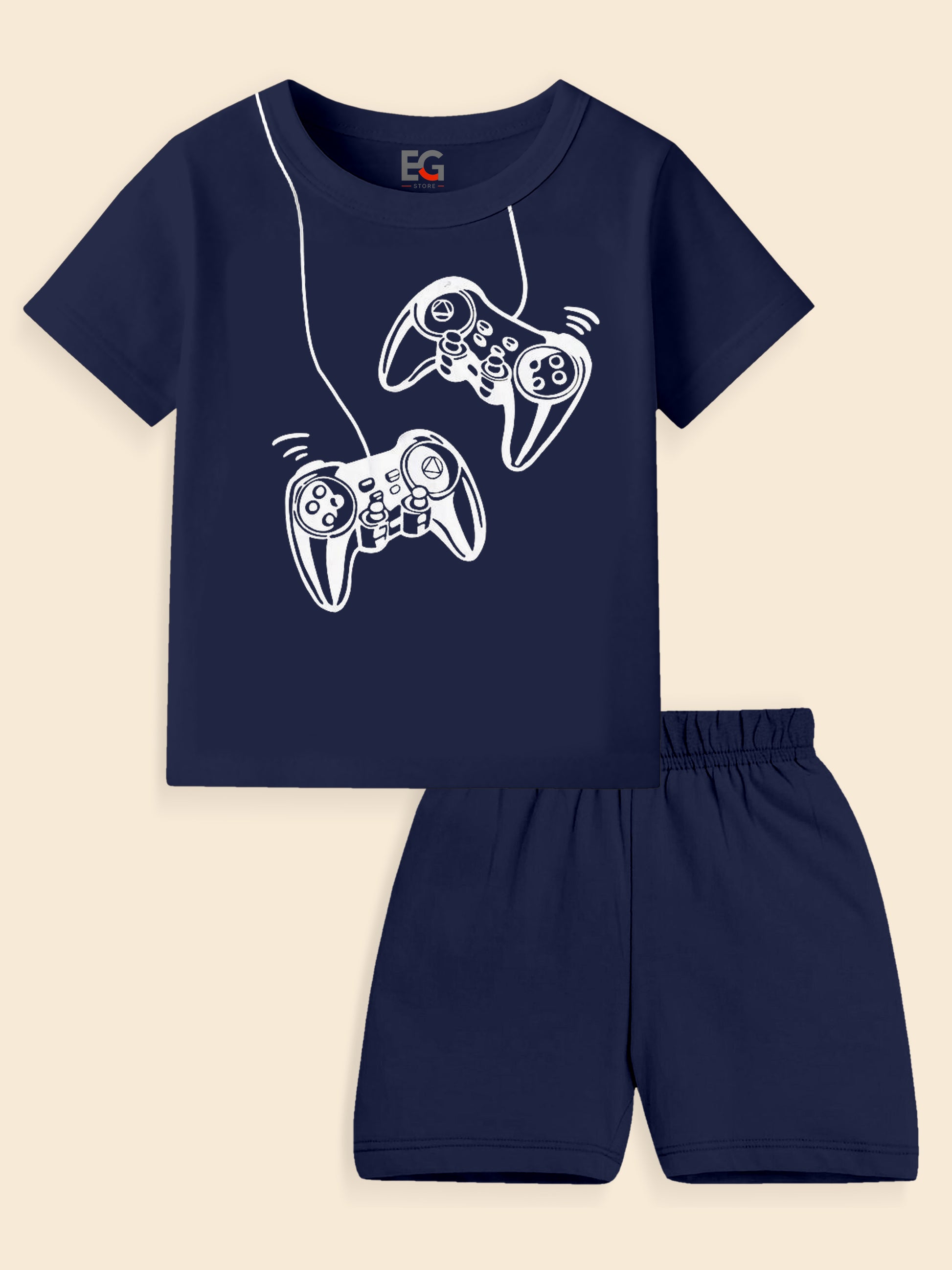 Navy blue kids' T-shirt and shorts set with game controller graphic print