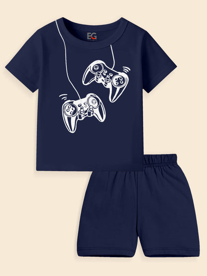 Navy blue kids' T-shirt and shorts set with game controller graphic print
