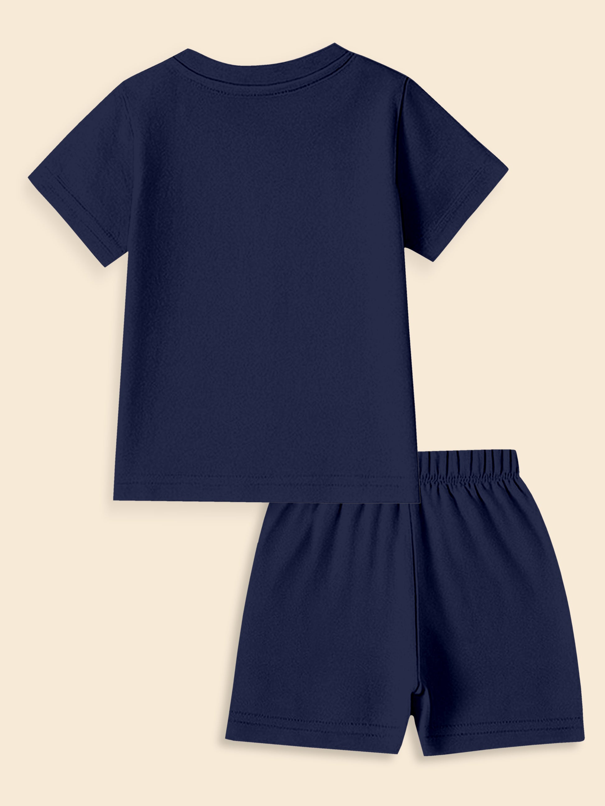 Navy blue short-sleeve kids t-shirt and elastic waist shorts set on beige background