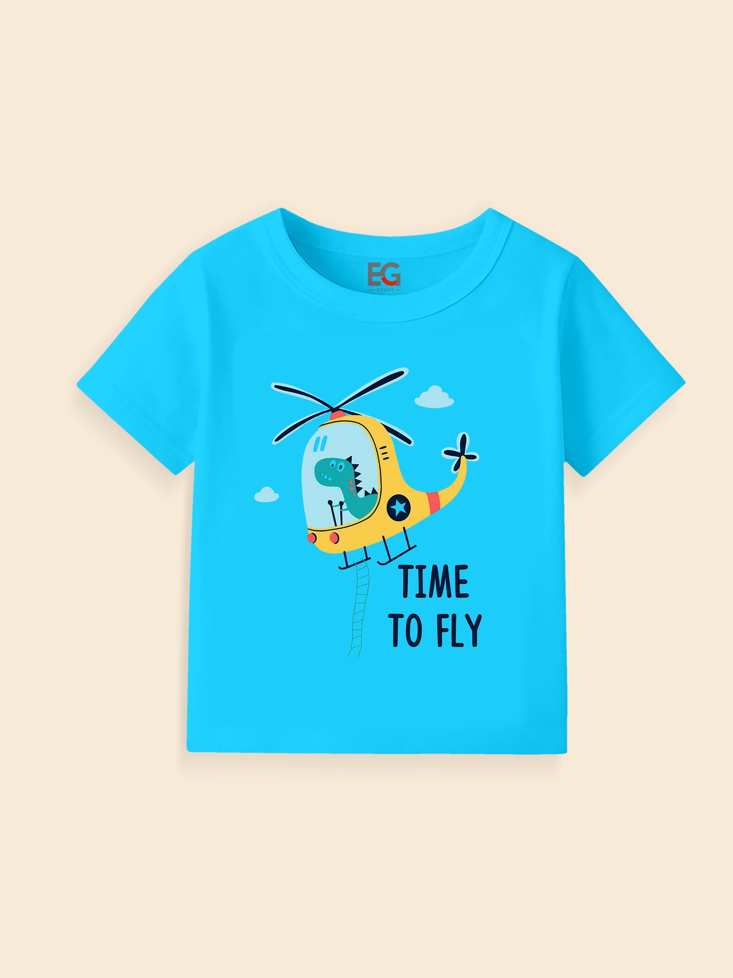 Blue kids t-shirt with cartoon dinosaur in helicopter and 'Time to Fly' text