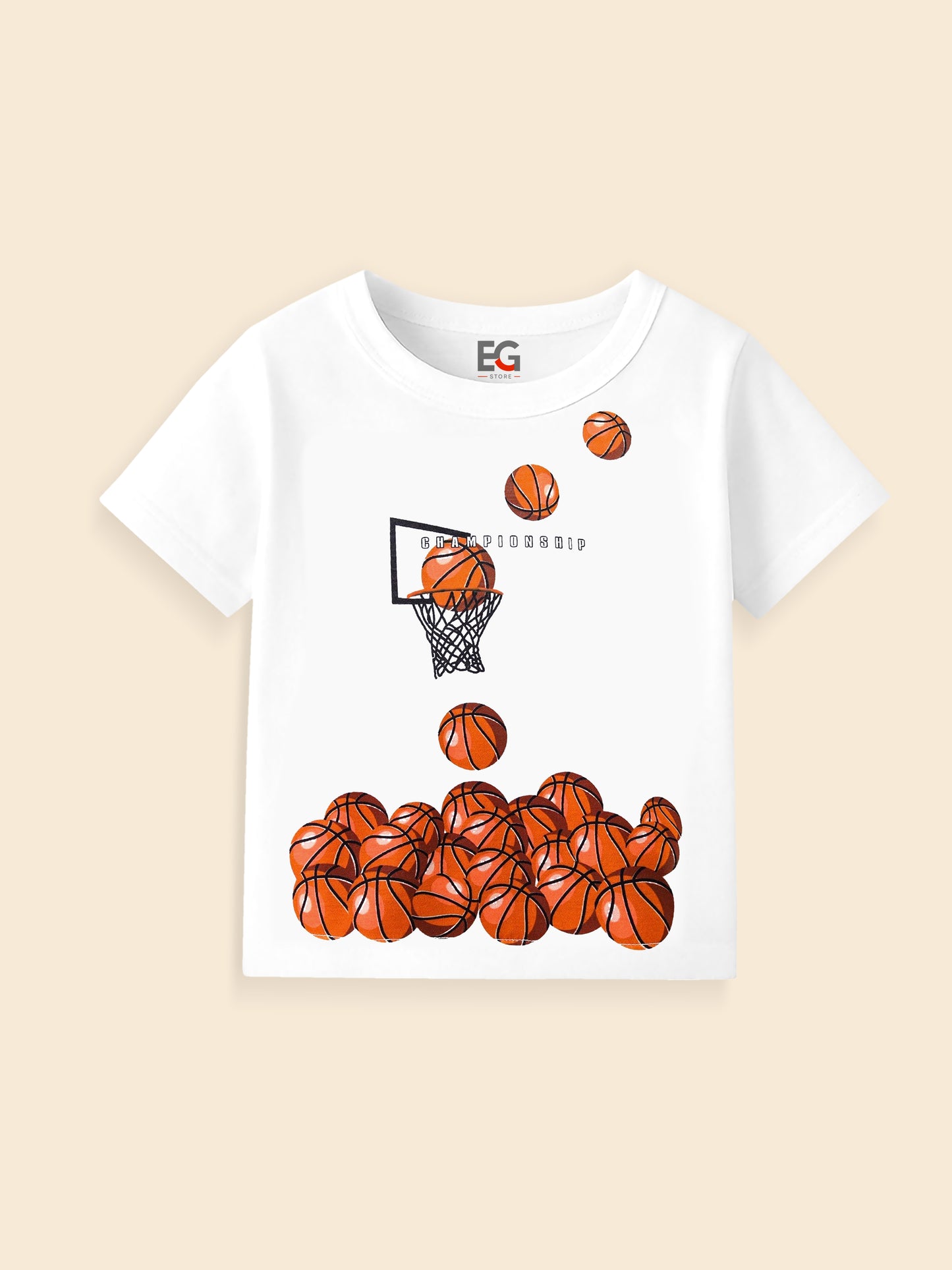 White kids' t-shirt with basketballs and hoop graphic, sports design tee