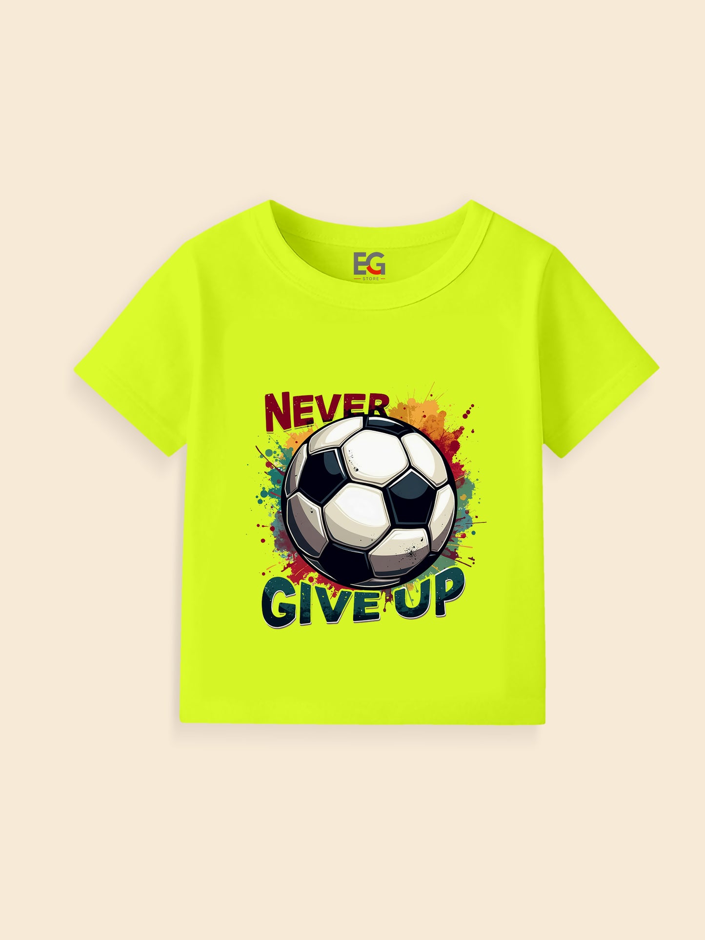 Neon yellow kids t-shirt with soccer ball graphic and 'Never Give Up' inspirational text