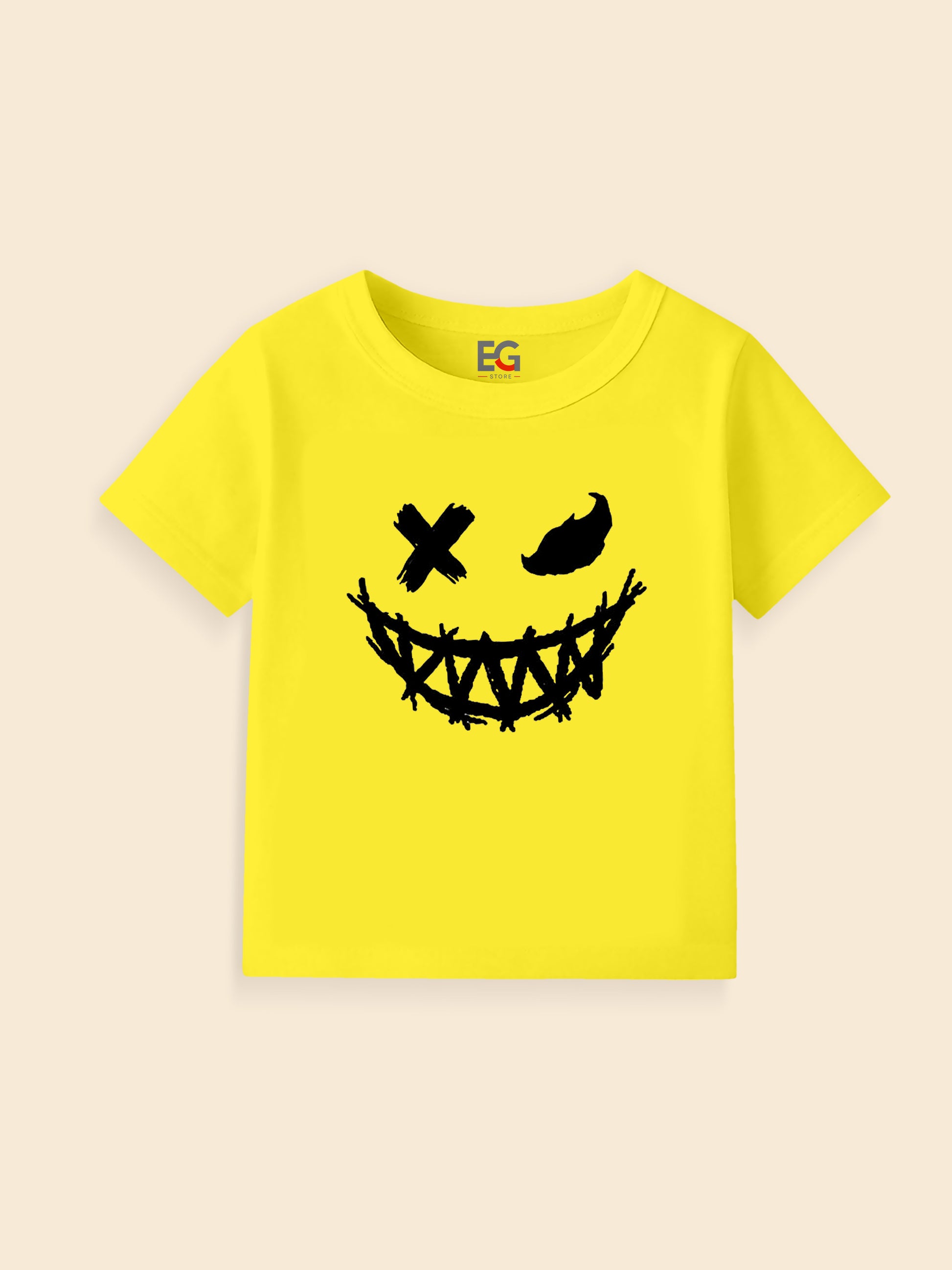 Yellow t-shirt with edgy black graphic face and stitched smile design