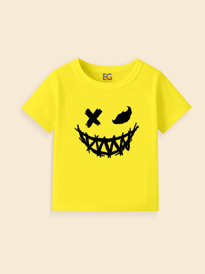 Yellow t-shirt with edgy black graphic face and stitched smile design