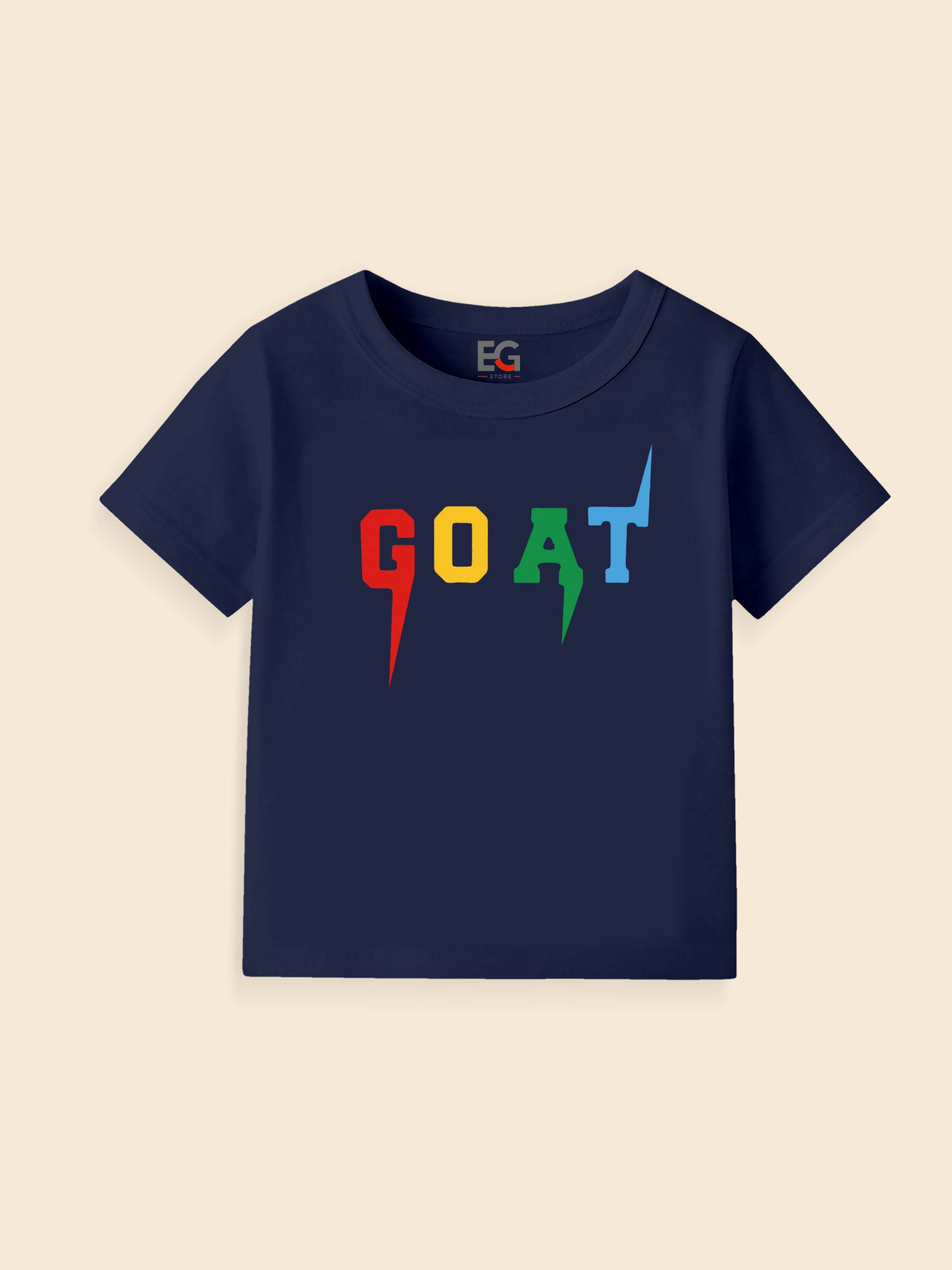 Navy blue t-shirt with colorful GOAT text and lightning bolt lettering on front