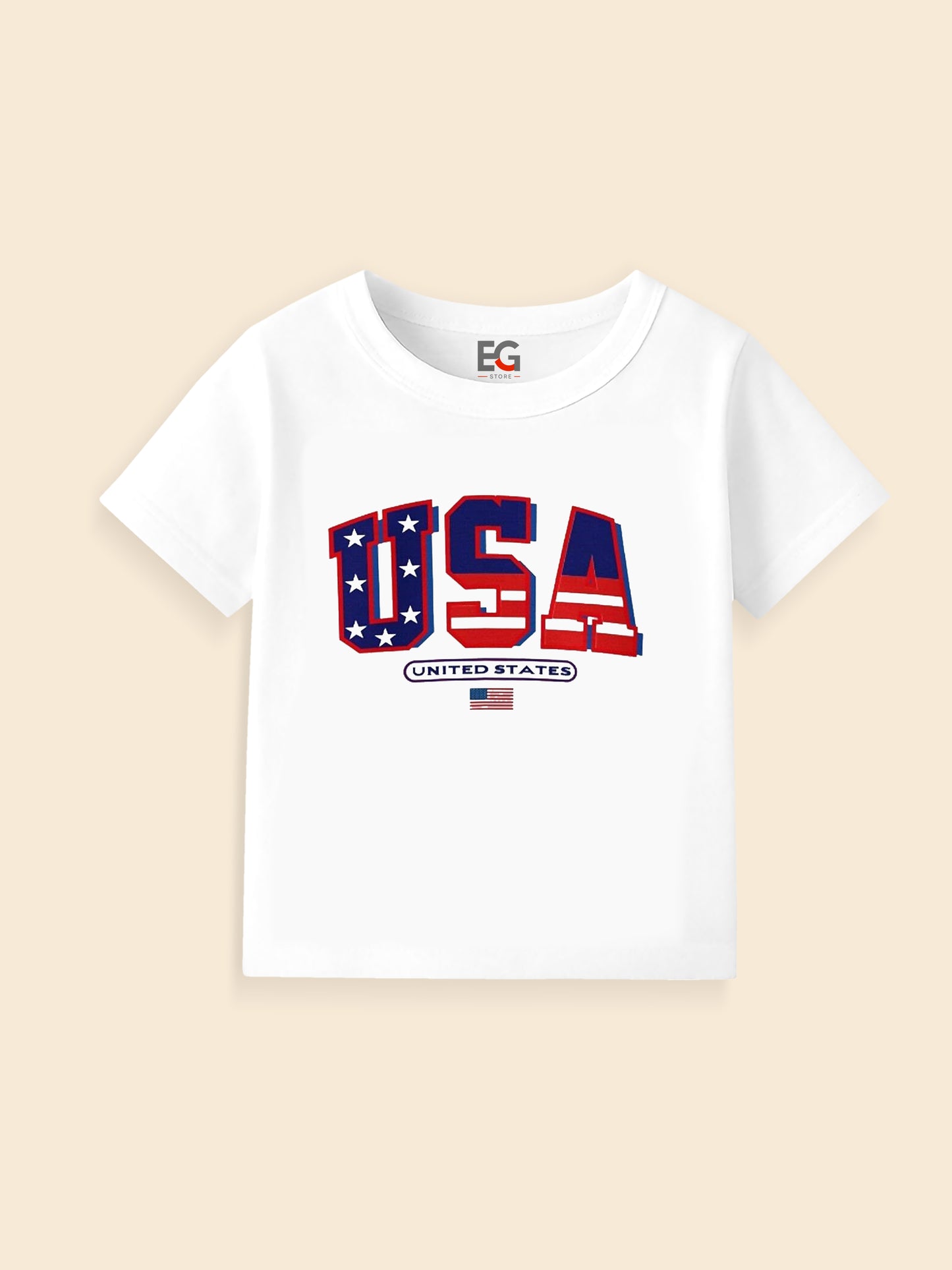 White kids t-shirt with USA flag print and United States text design