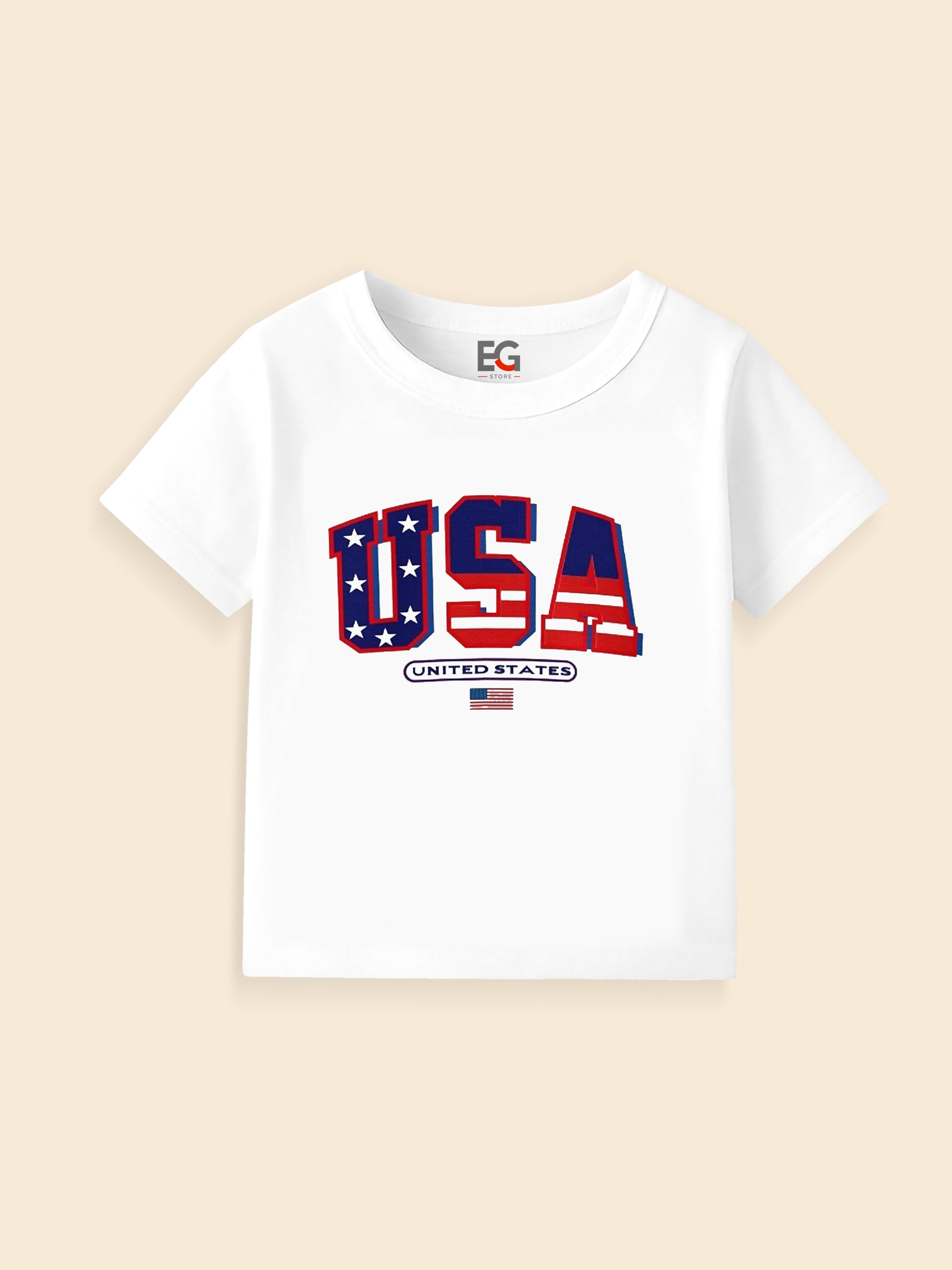 White kids t-shirt with USA flag print and United States text design