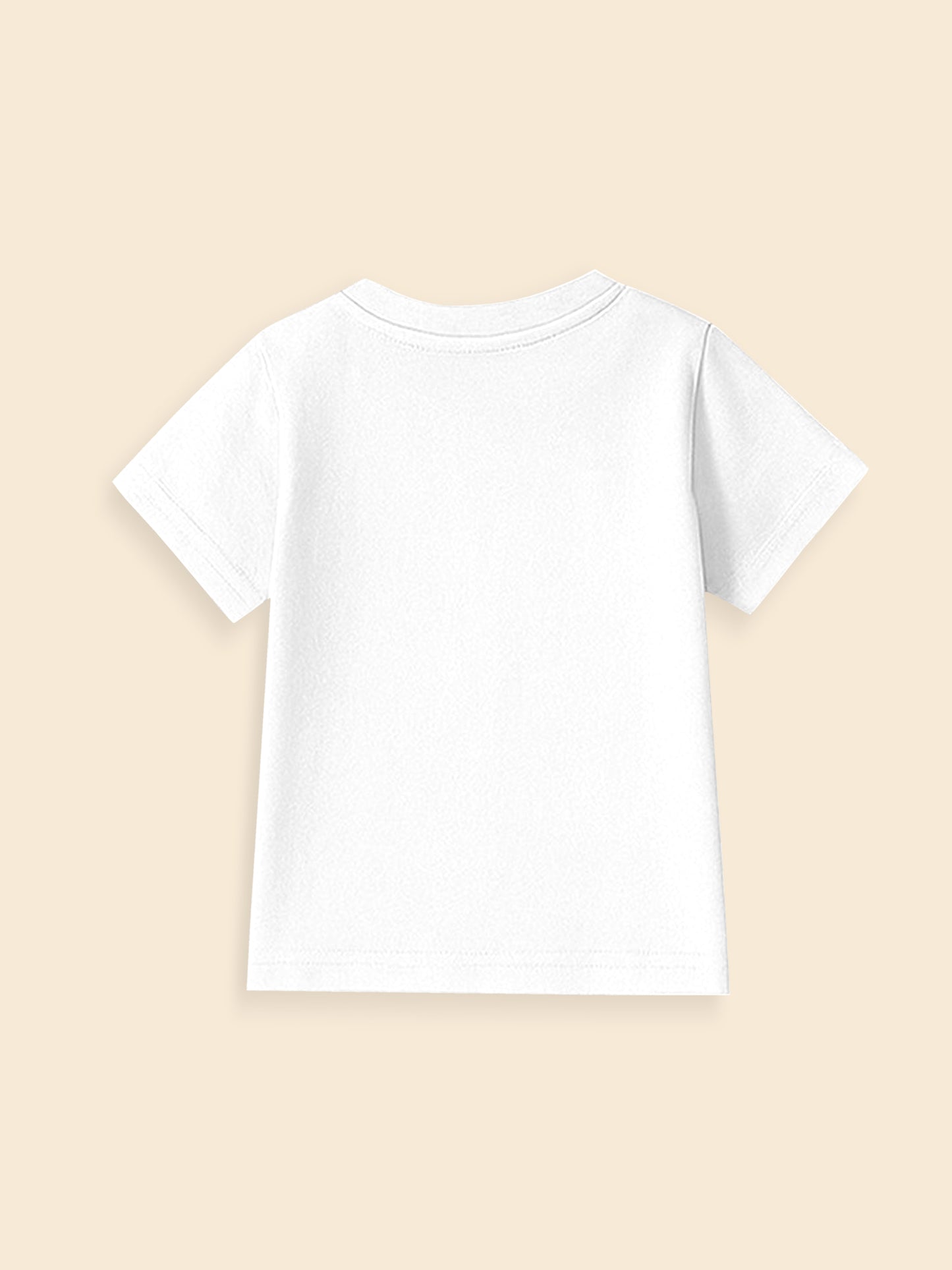 Back view of plain white short sleeve t-shirt on beige background