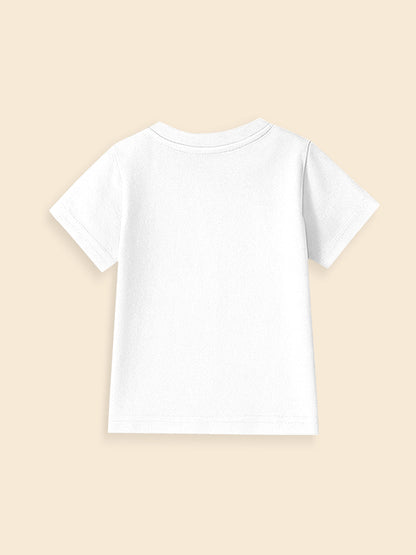 Back view of plain white short sleeve t-shirt on beige background