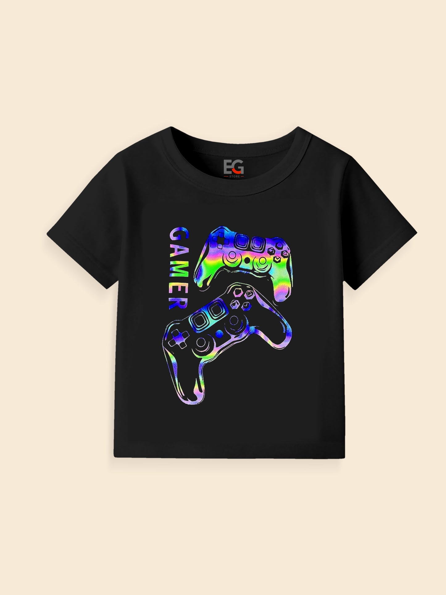 Black kids t-shirt with iridescent gamer controller graphic and vertical gamer text