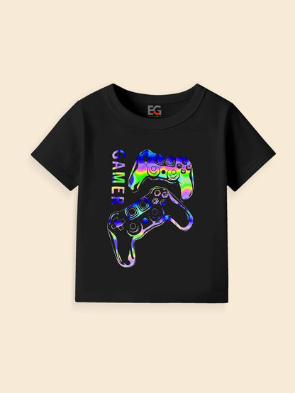 Black kids t-shirt with iridescent gamer controller graphic and vertical gamer text