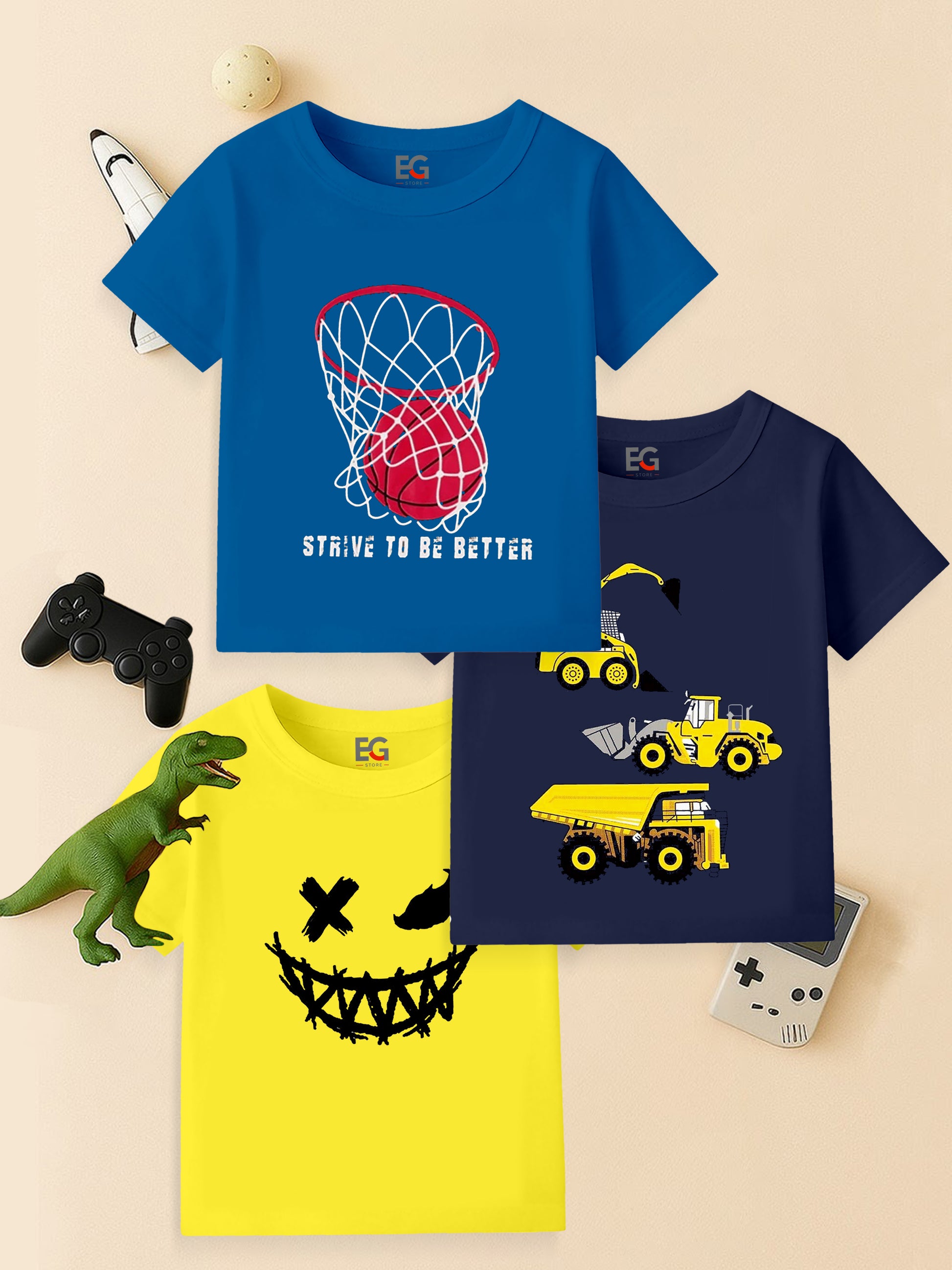 Set of three kids' graphic t-shirts with basketball, construction vehicles, and smiley face prints