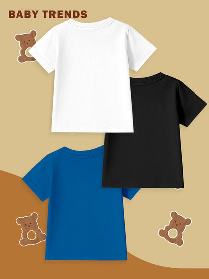 Baby t-shirts in white, black, and blue on a beige background with teddy bear decorations.