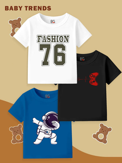 Trendy kids' t-shirts with fashion, gaming, and astronaut designs, displayed on a playful background with teddy bear graphics.