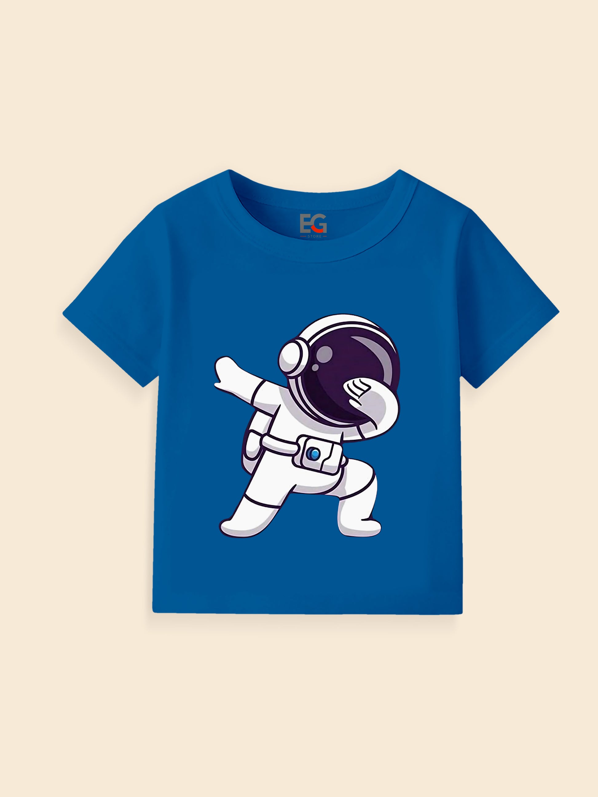 Blue kids t-shirt with cartoon astronaut dabbing graphic, playful space theme.
