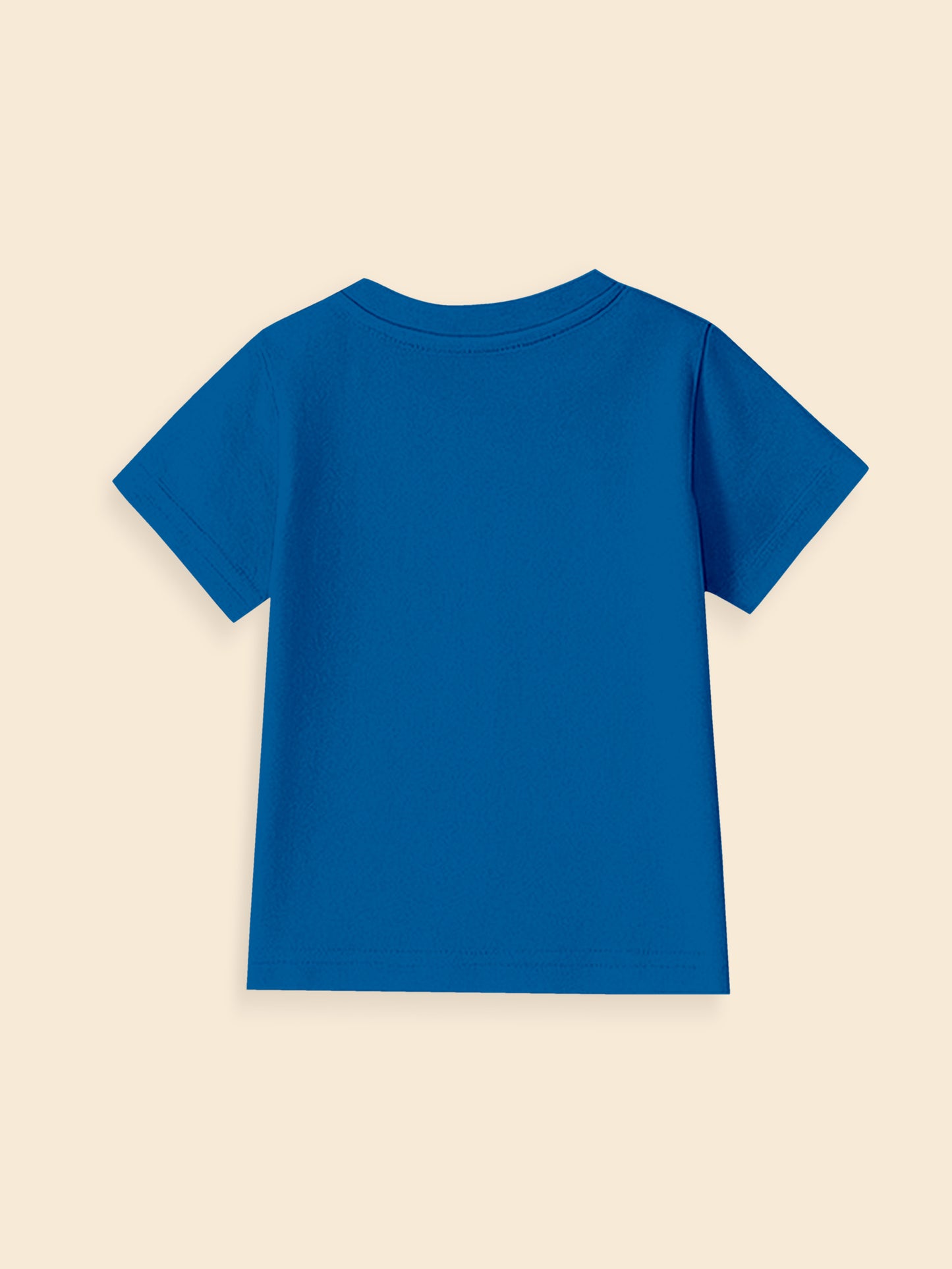 Back view of plain blue short sleeve t-shirt on beige background