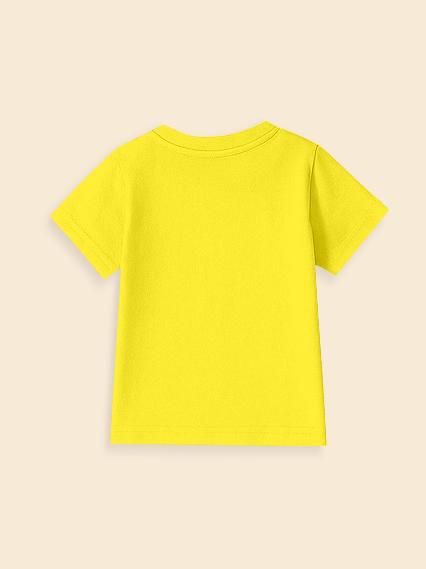Back view of plain yellow short-sleeve cotton t-shirt on beige background