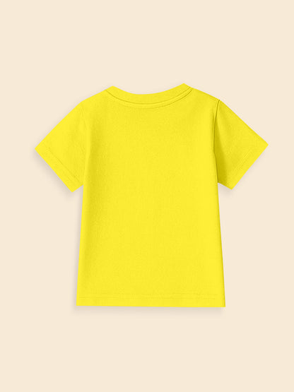 Back view of plain yellow short-sleeve cotton t-shirt on beige background