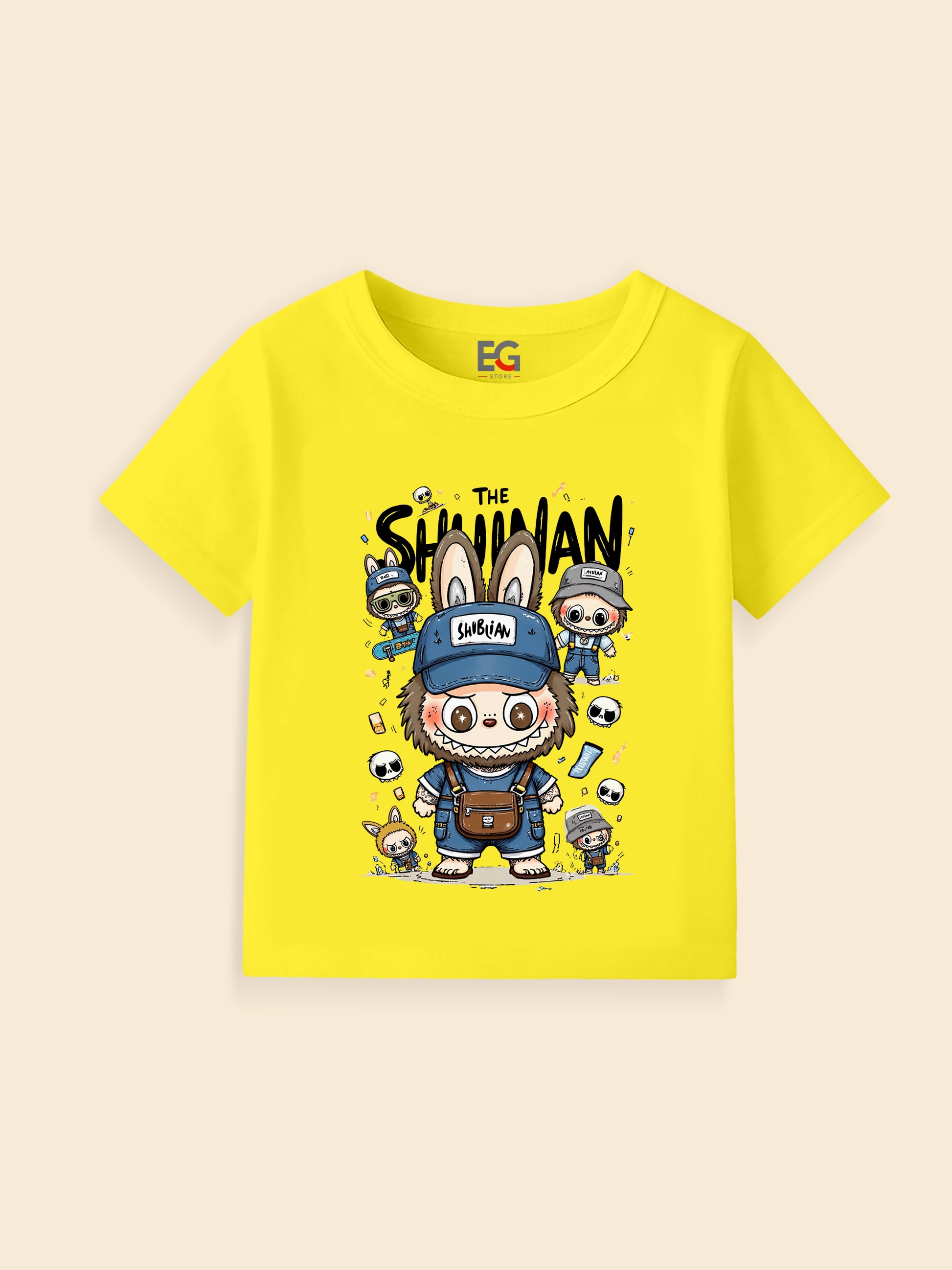 Yellow kids t-shirt with cartoon shaman graphic and playful characters illustration.