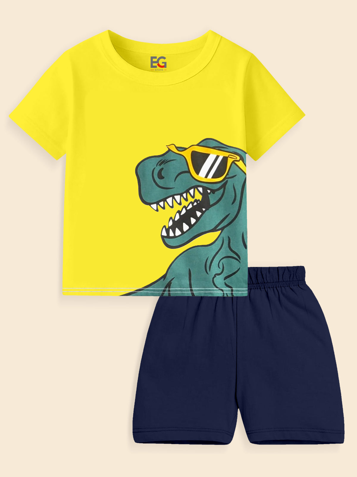 Yellow kids t-shirt with cartoon dinosaur in sunglasses and navy blue shorts set