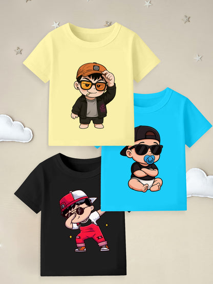 Three cartoon graphic kids t-shirts in yellow, blue, and black with hip-hop style characters.
