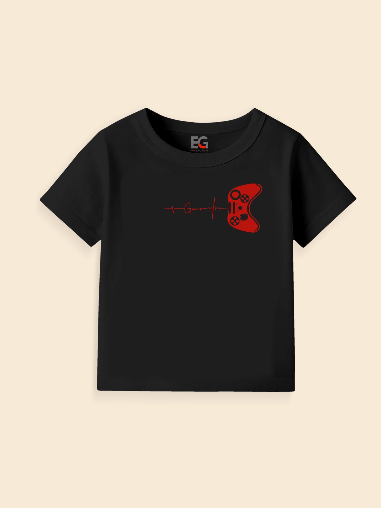 Black t-shirt with red game controller and heartbeat graphic, kids gamer apparel