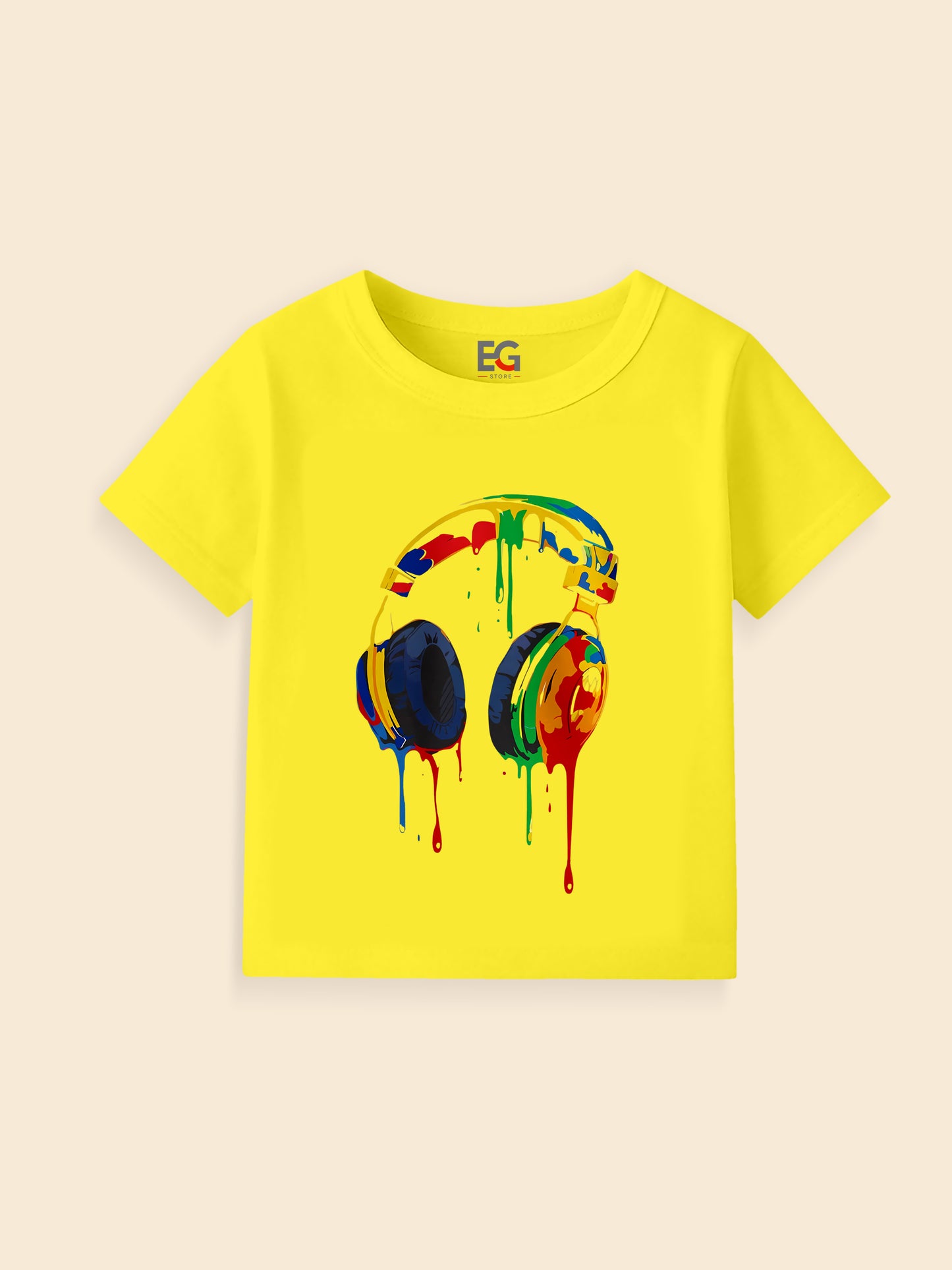 Yellow t-shirt with colorful dripping headphones graphic on front, modern streetwear style.