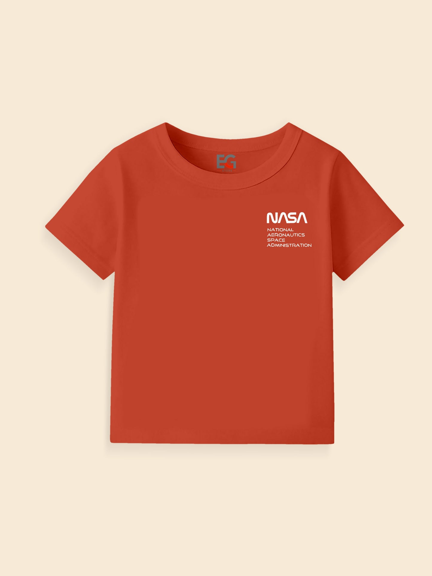 Red crew neck t-shirt with NASA logo and text on front, displayed on a beige background