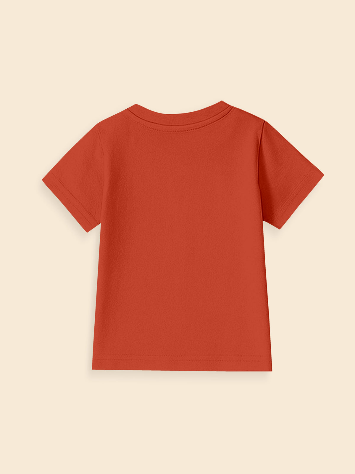 Back view of plain short sleeve red t-shirt on light beige background