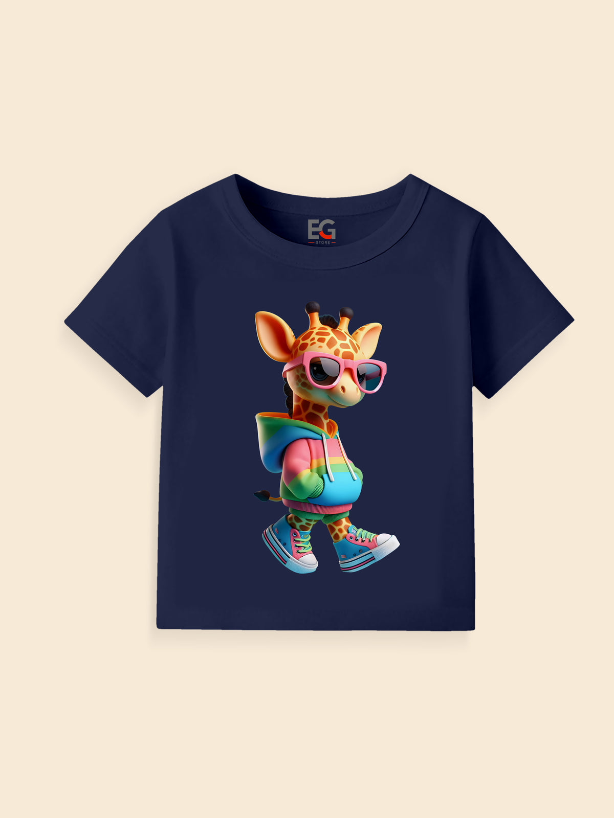 Navy blue kids t-shirt with cartoon giraffe in sunglasses and rainbow hoodie