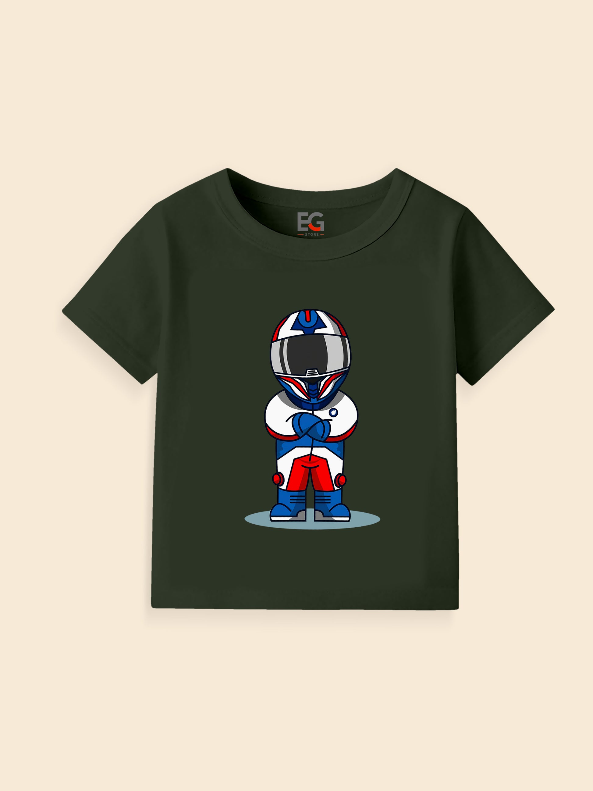 Kids black t-shirt with cartoon astronaut graphic, futuristic space suit, and bold colors