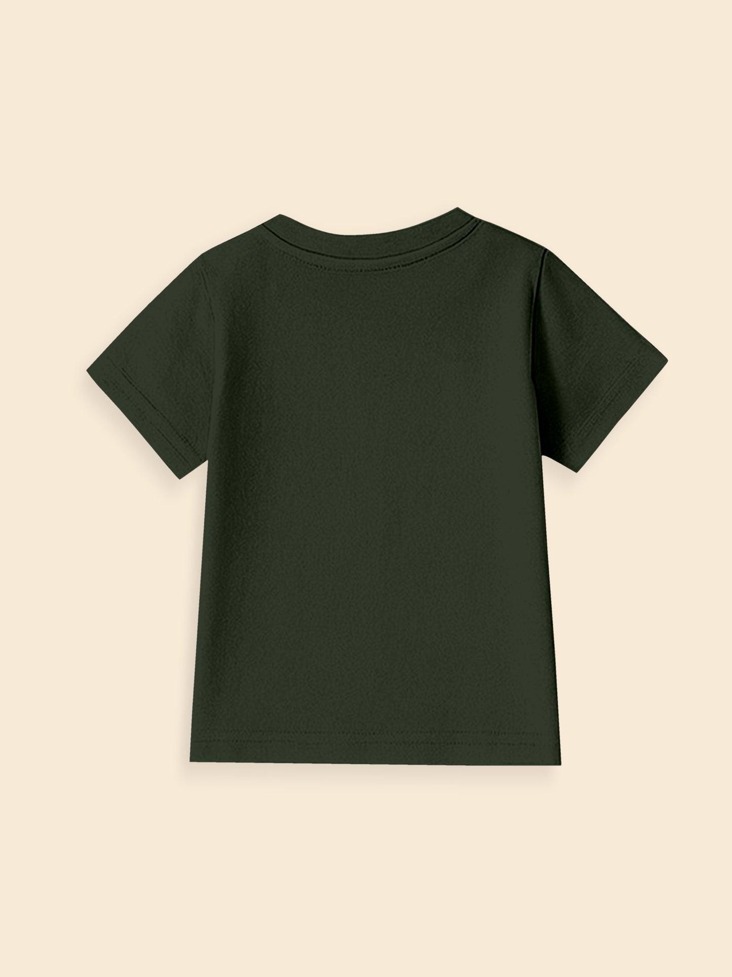 Back view of plain dark green short sleeve t-shirt on beige background