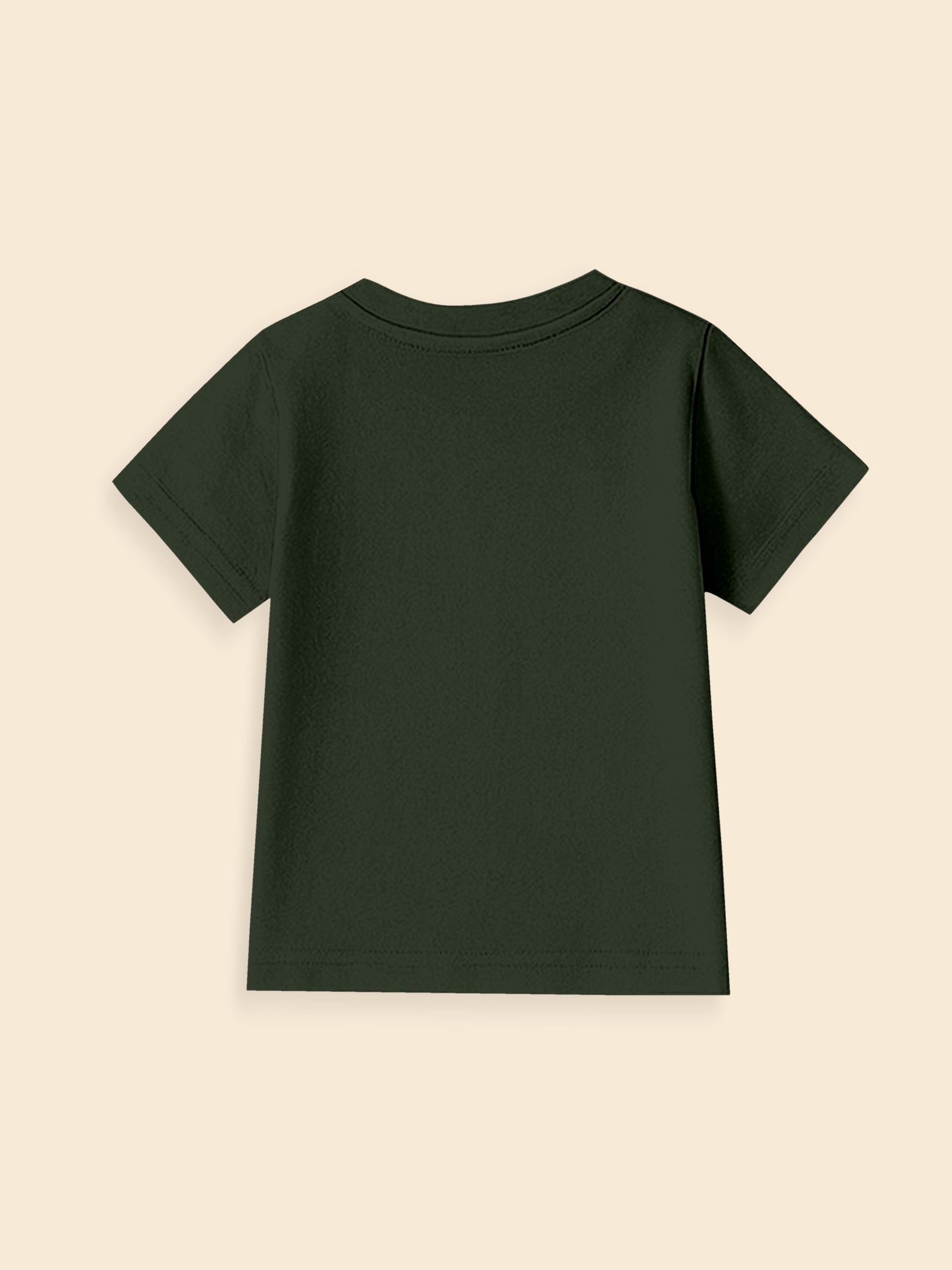 Back view of plain dark green short sleeve t-shirt on beige background