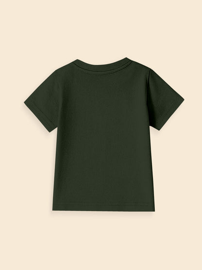 Back view of plain dark green short sleeve t-shirt on beige background