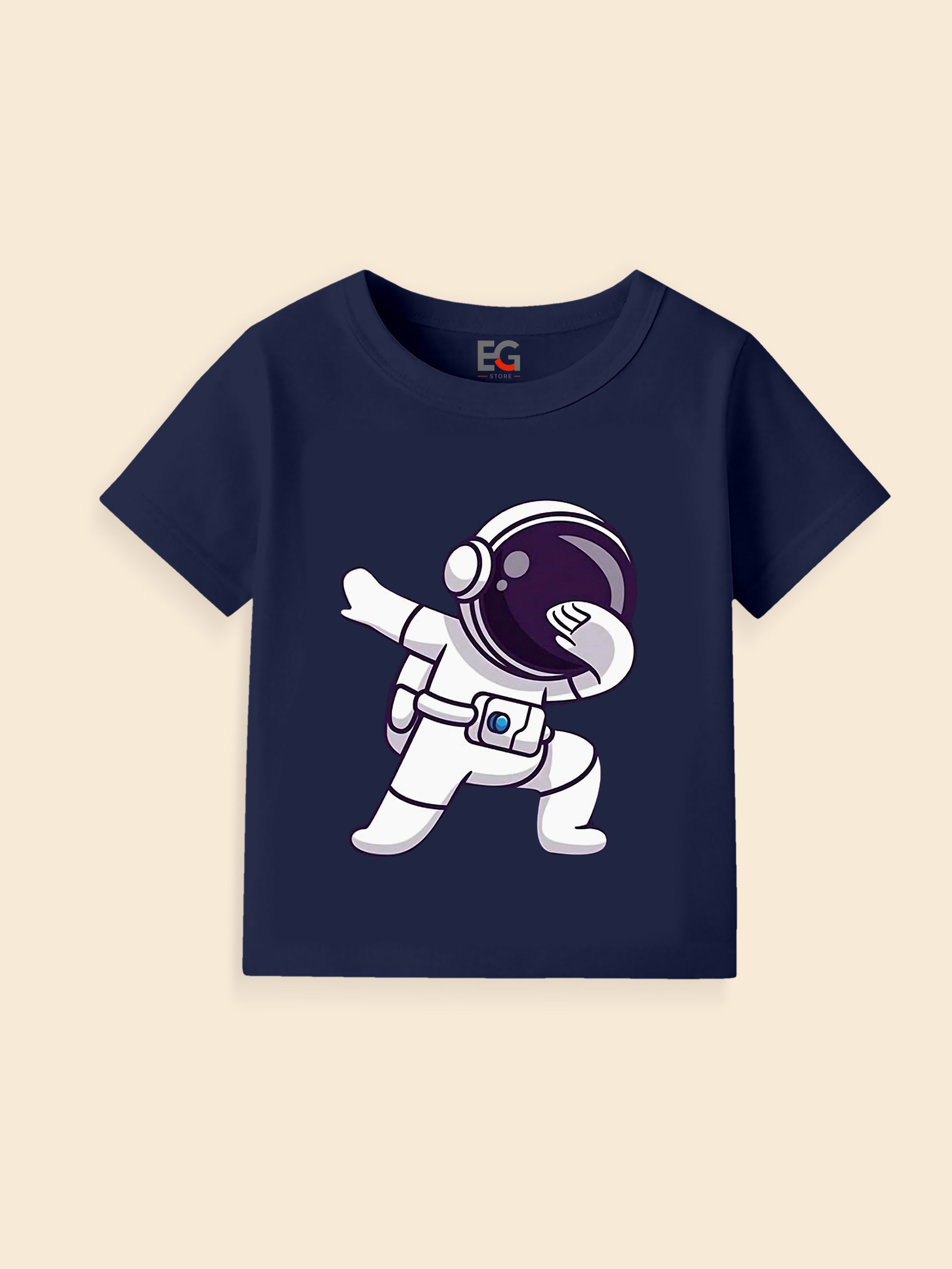 Navy blue kids t-shirt with cartoon astronaut dabbing graphic, playful space apparel