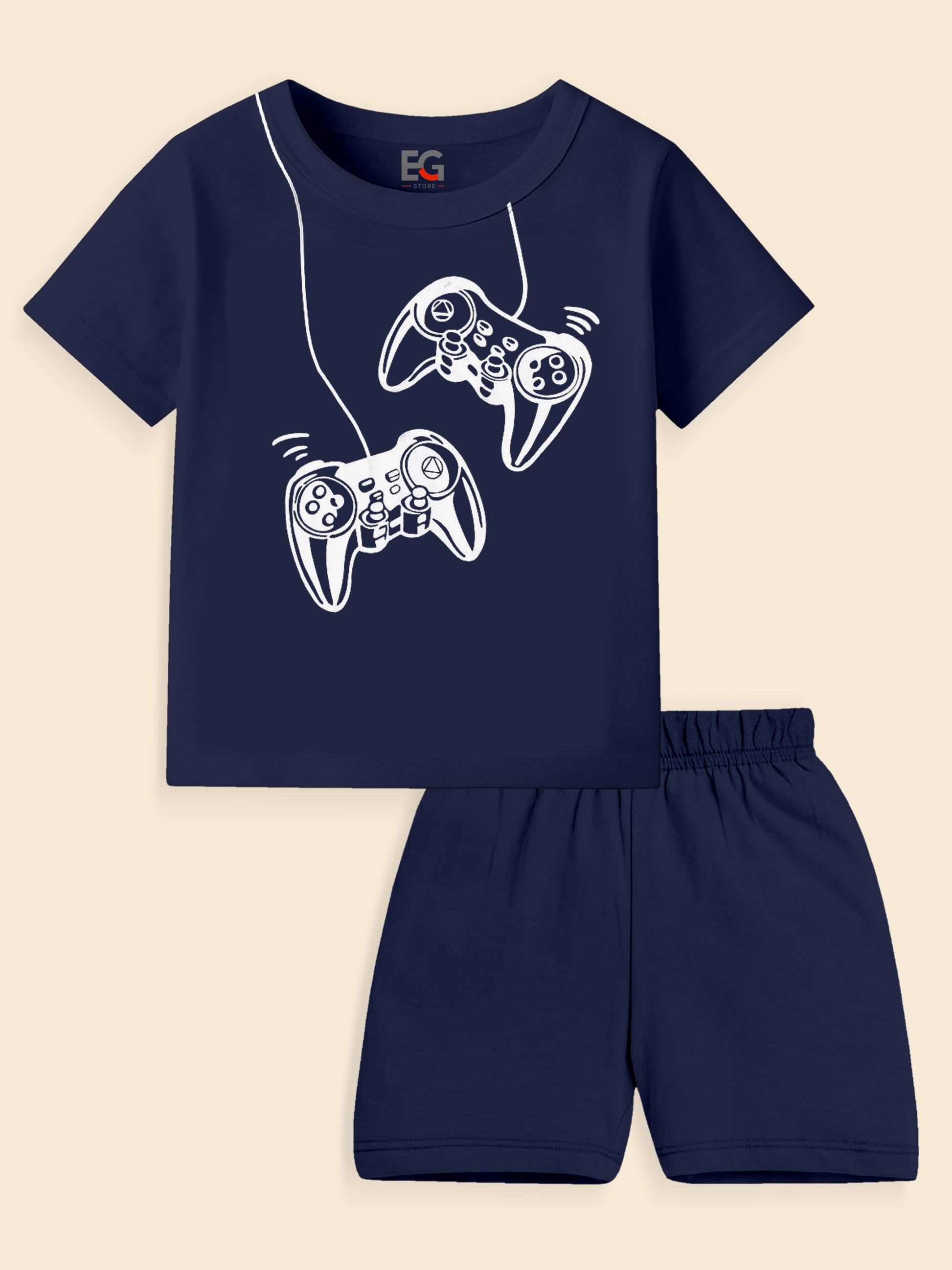 Navy blue kids' t-shirt and shorts set with white video game controller graphic print