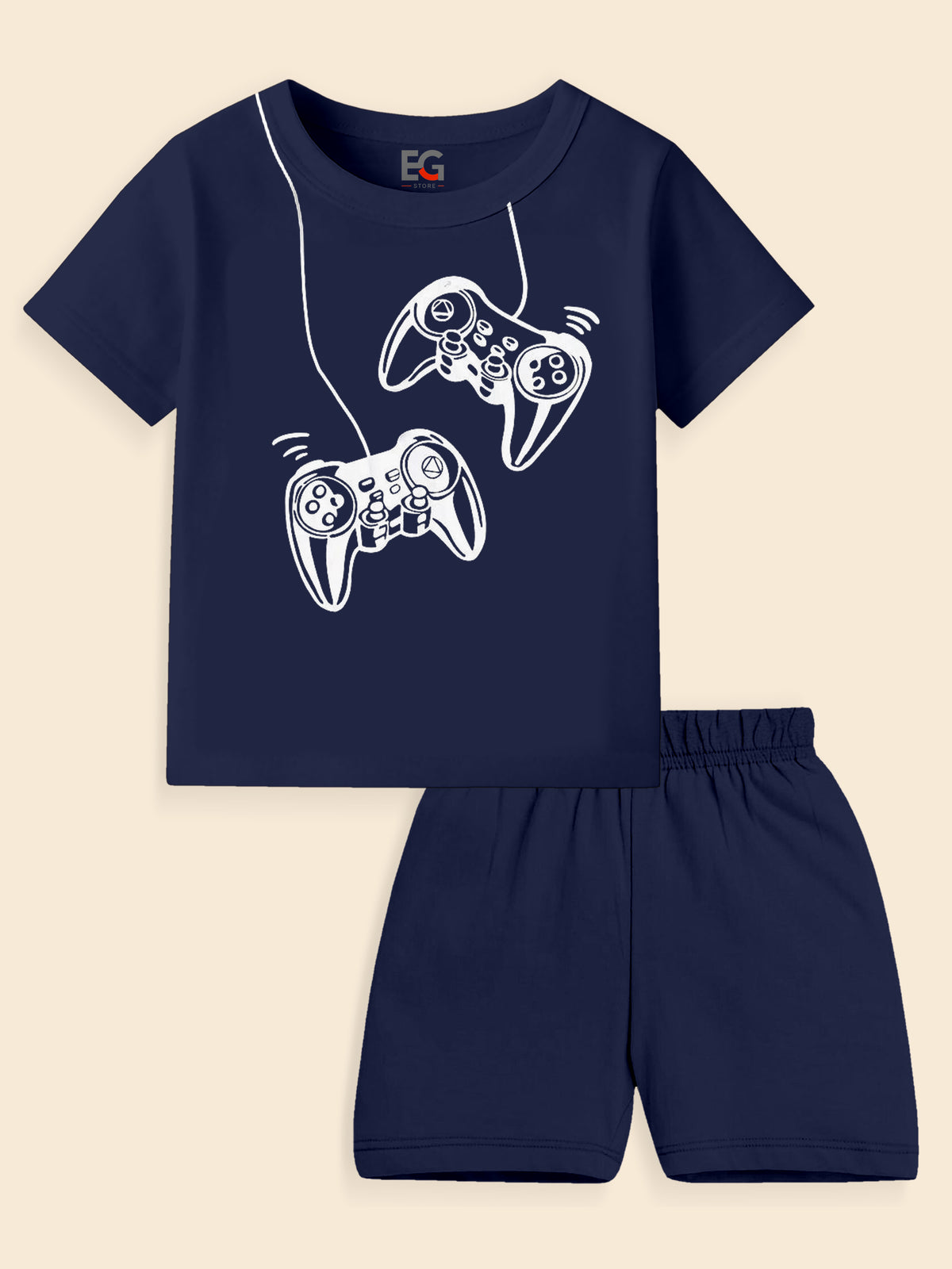 Navy blue kids' t-shirt and shorts set with white video game controller graphic print