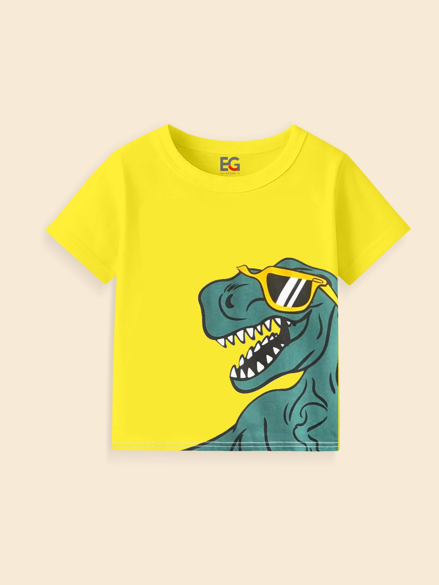 Yellow kids t-shirt with a cartoon dinosaur wearing sunglasses graphic