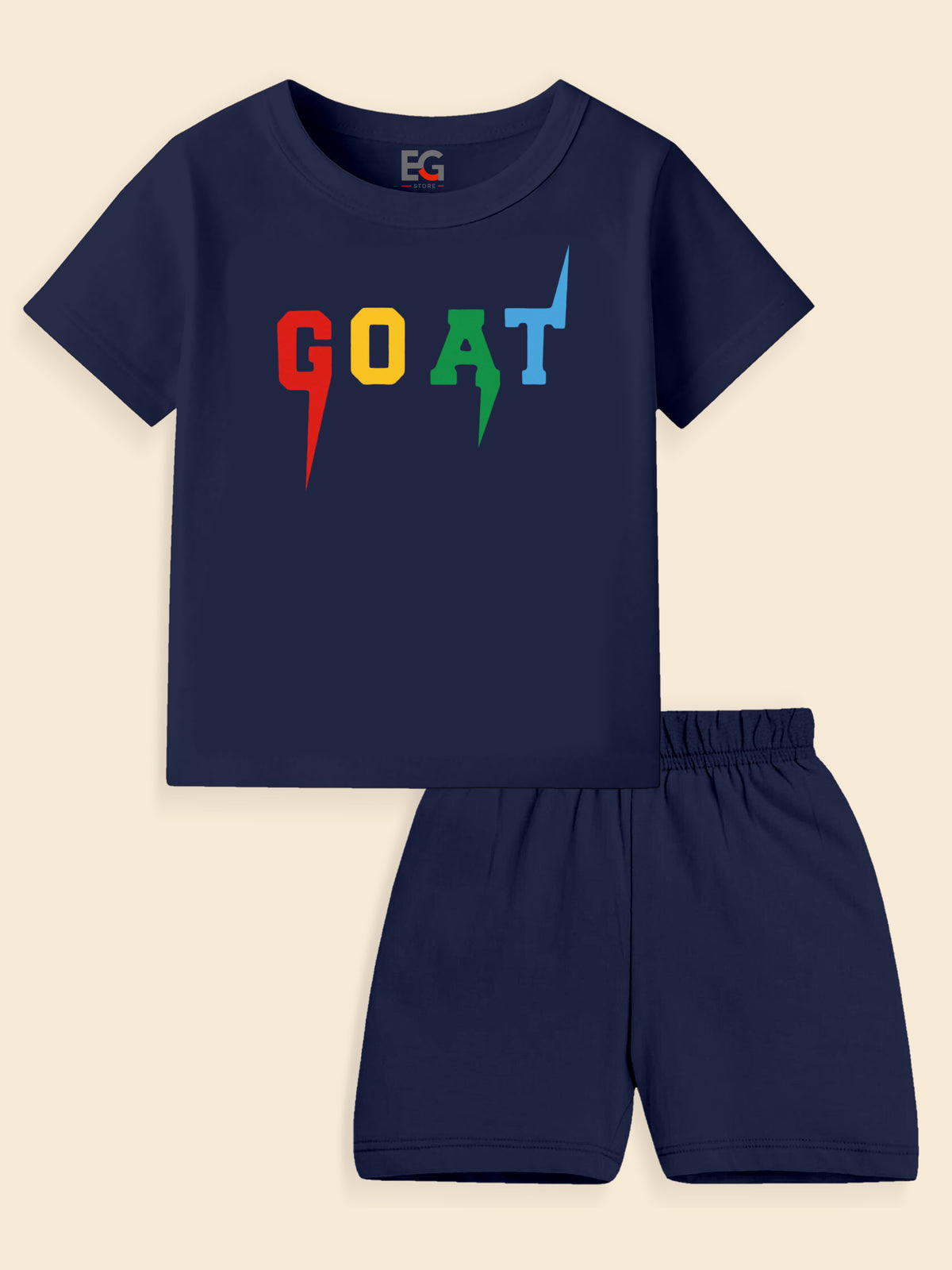 Navy blue kids t-shirt and shorts set with colorful GOAT graphic on the shirt