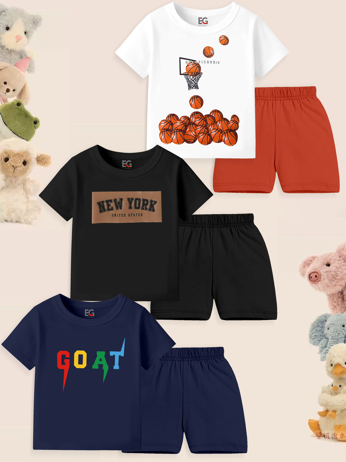 Kids' summer t-shirt and shorts sets with sports and animal graphics, surrounded by plush toys.