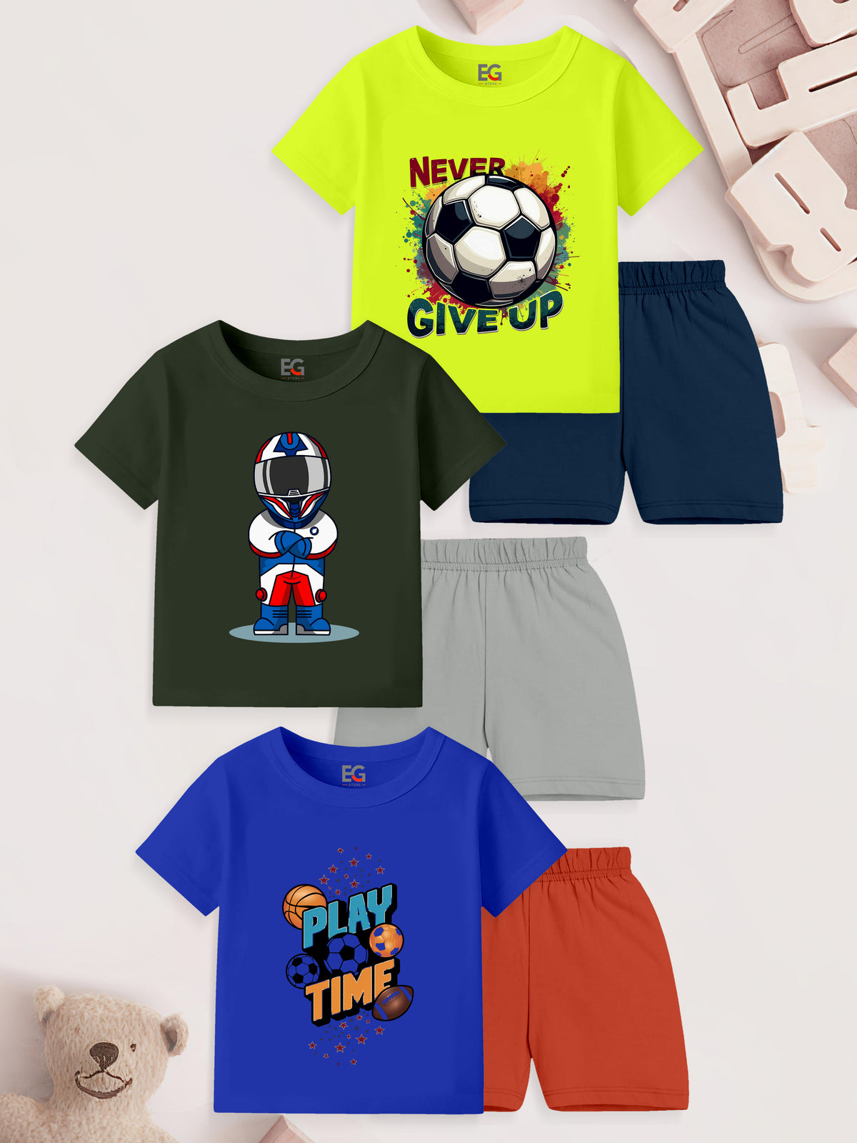 Kids sports-themed t-shirt and shorts sets with soccer, racer, and play time prints