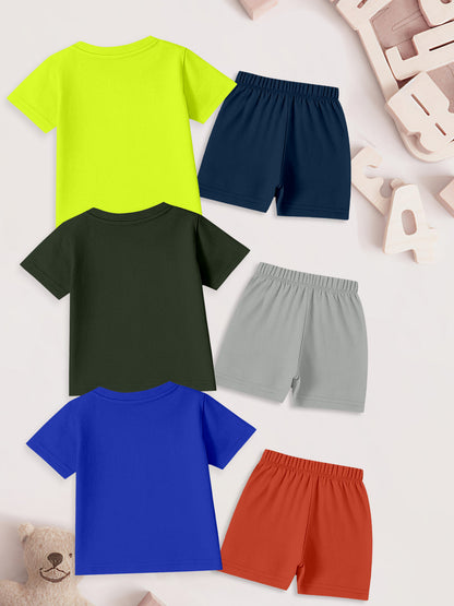 Set of three kids' t-shirt and shorts outfits in yellow, black, blue with matching shorts