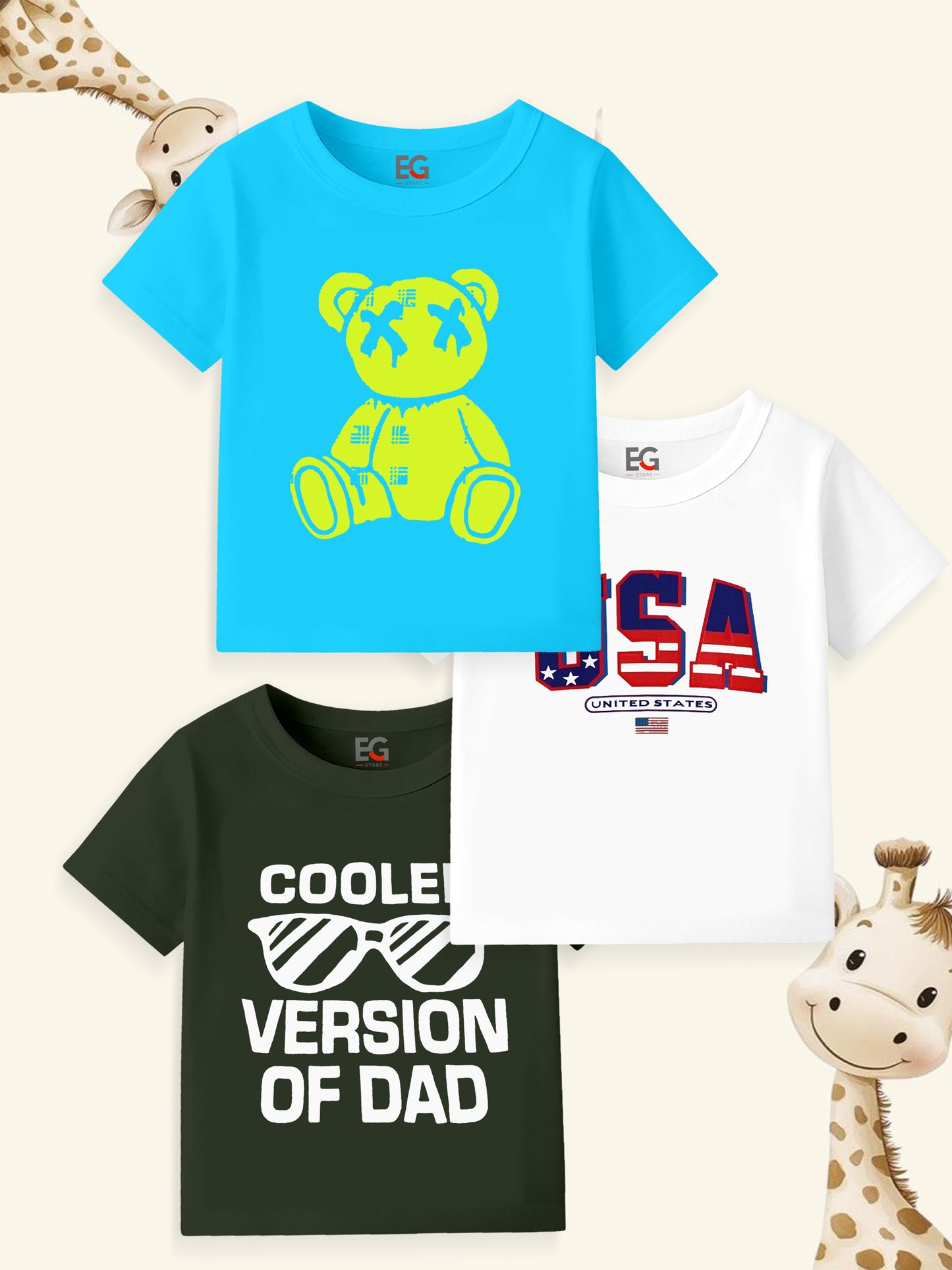 Three kids graphic t-shirts with bear print, USA flag, and 'Cooler Version of Dad' text on display