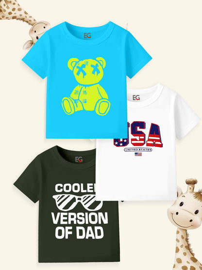 Three kids graphic t-shirts with bear print, USA flag, and 'Cooler Version of Dad' text on display