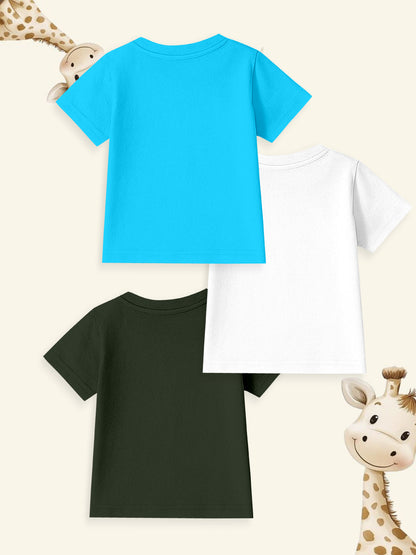 Three plain kids' t-shirts in blue, white, and black with cartoon giraffes background