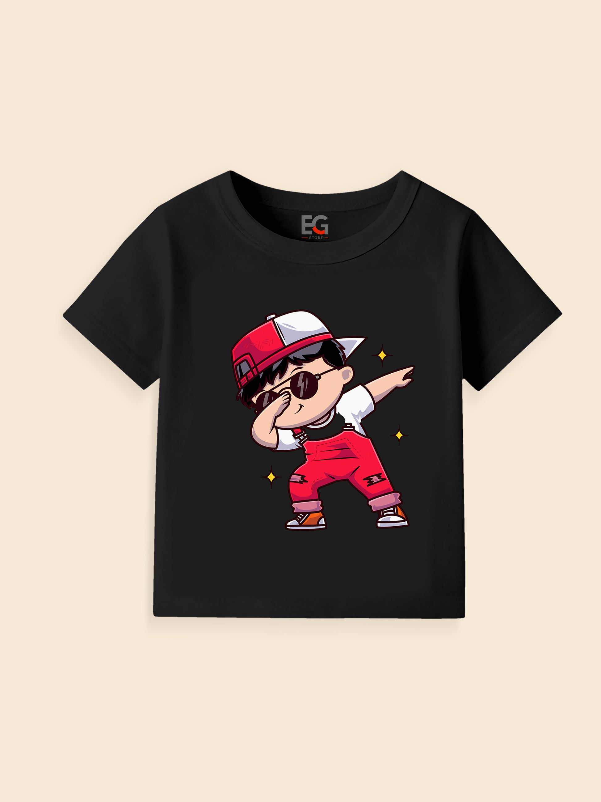 Black kids t-shirt with cartoon boy dabbing, wearing red cap and overalls on beige background