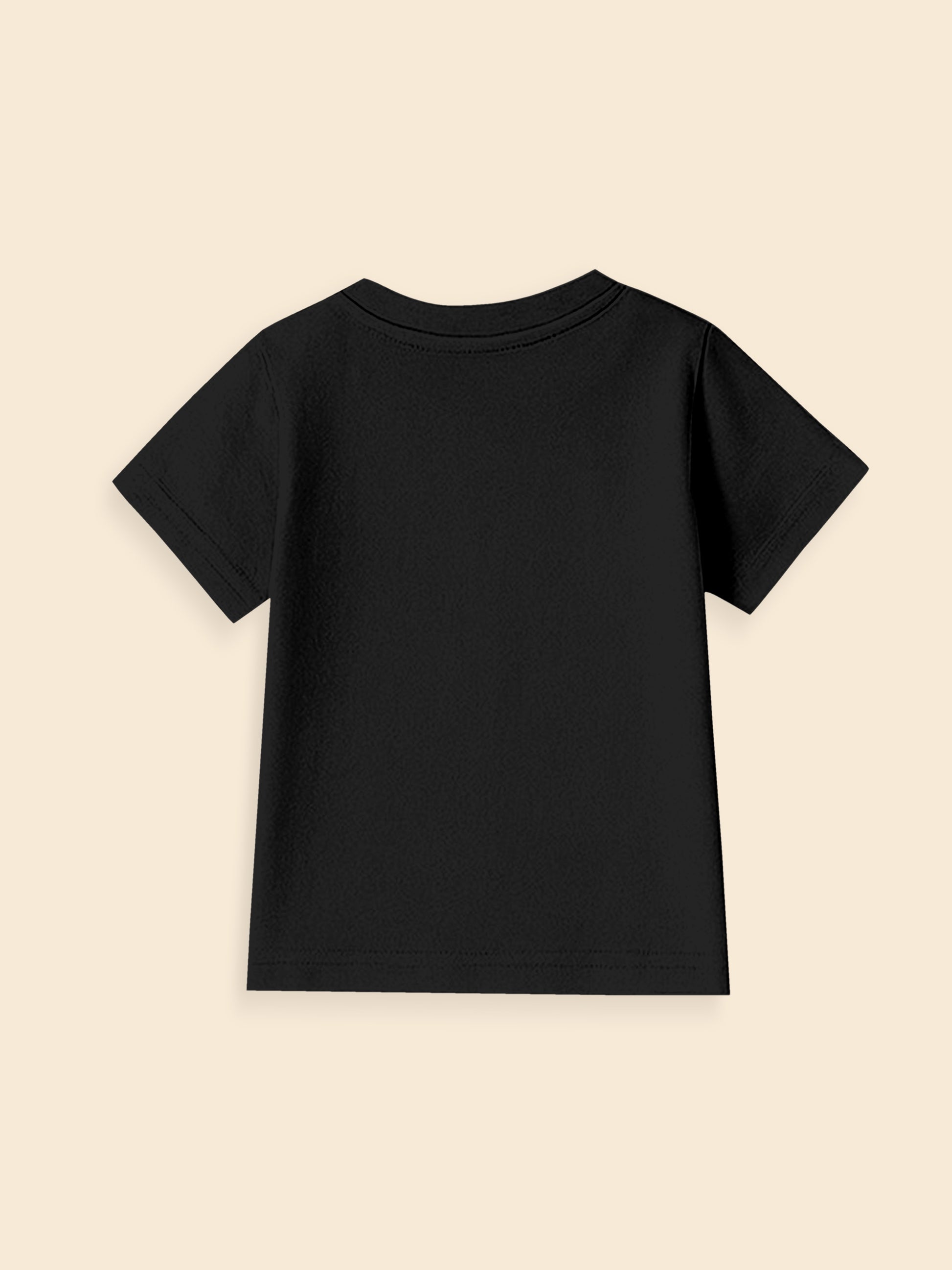 Back view of plain black short sleeve t-shirt on beige background